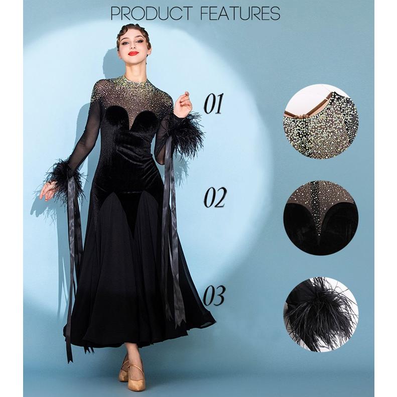 社交ダンス ドレス 練習着 競技着 ワンピース 長袖 レース 透け感 豪華 パーティー モダン スタンダード ルンバ 専用 発表会 ストレッチ 団体 ブラック S-2XL |  | 05