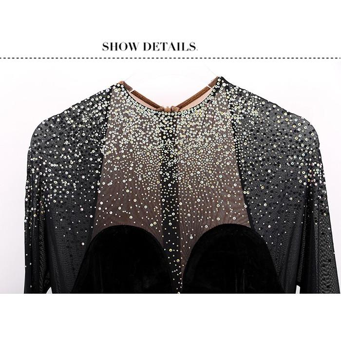 社交ダンス ドレス 練習着 競技着 ワンピース 長袖 レース 透け感 豪華 パーティー モダン スタンダード ルンバ 専用 発表会 ストレッチ 団体 ブラック S-2XL |  | 07