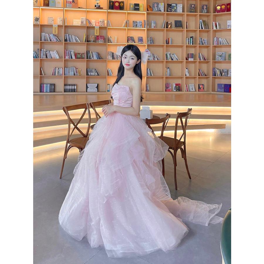 ピンク ウェディングドレス ロング丈 ビスチェタイプ パーティードレス 発表会 結婚式 披露宴 演奏会 プリンセス風 フォトウェディング 大きいサイズ_9