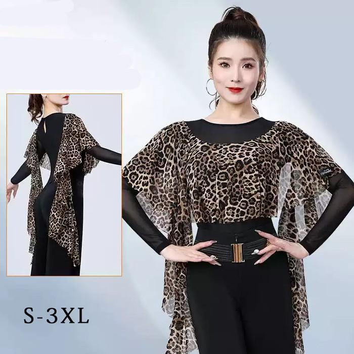 社交ダンス トップス レオタード ヒョウ柄 長袖 胸パッド付き ラテン モダン タンゴ サンバ ダンスウェア レディース 舞台用 練習着 ブラック S-3XL | 