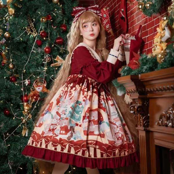 クリスマス ロリータ ワンピース フリル レデイース かわいい 長袖 コスチューム クリスマスモチーフ衣装 Lolita 仮装舞踏会 パーテイー