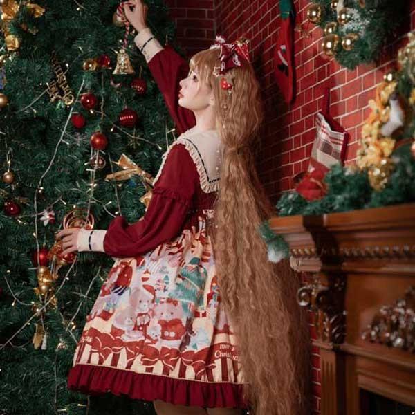 クリスマス ロリータ ワンピース フリル レデイース かわいい 長袖 コスチューム クリスマスモチーフ衣装 Lolita 仮装舞踏会 パーテイー