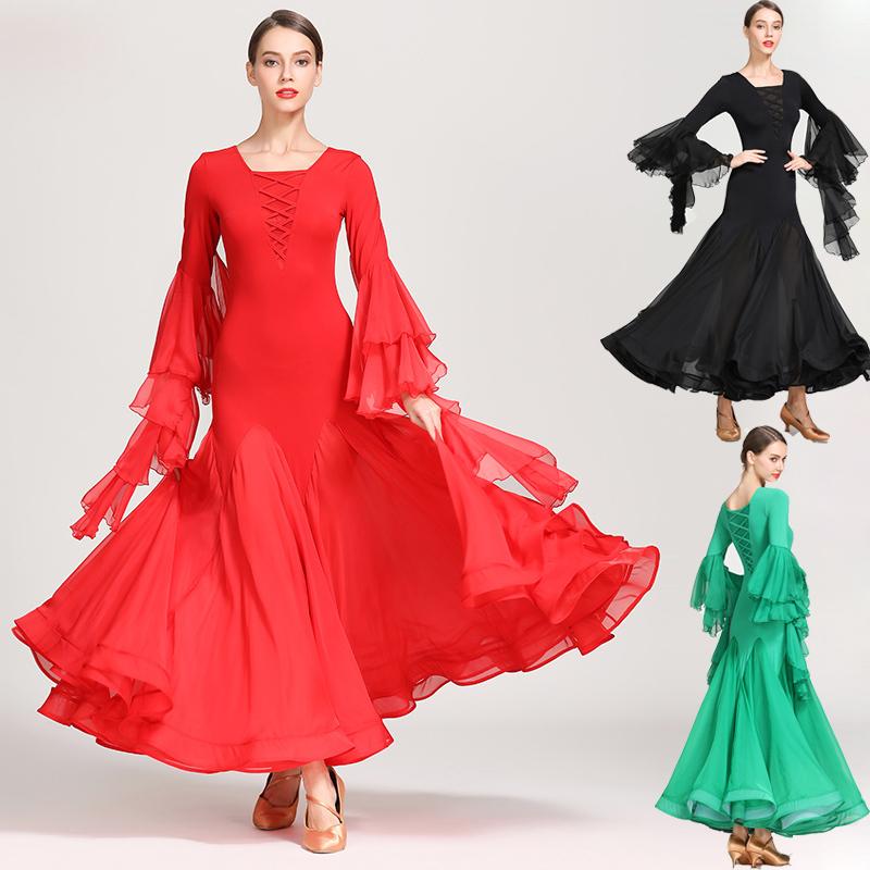 モダンドレス ラテンドレス 社交ダンス 黒 赤 緑 大きい裾 長袖 ダンス