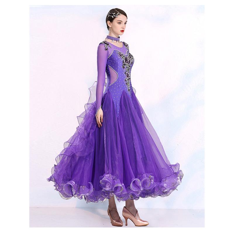 社交ダンス ワンピース モダンドレス 大きいサイズ 長袖 紫 赤 ダンス