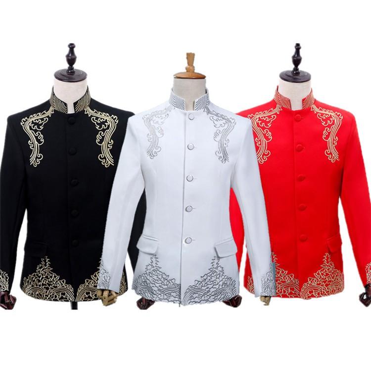 【送料無料】マオカラースーツ 大人用  大会 司会者 メンズ 男性用 刺繍  ステージ衣装  2点セット 合唱団 演奏会 発表会 マオカラースーツ 大人用 大会 司会者 メンズ 男性用 刺繍 ステージ