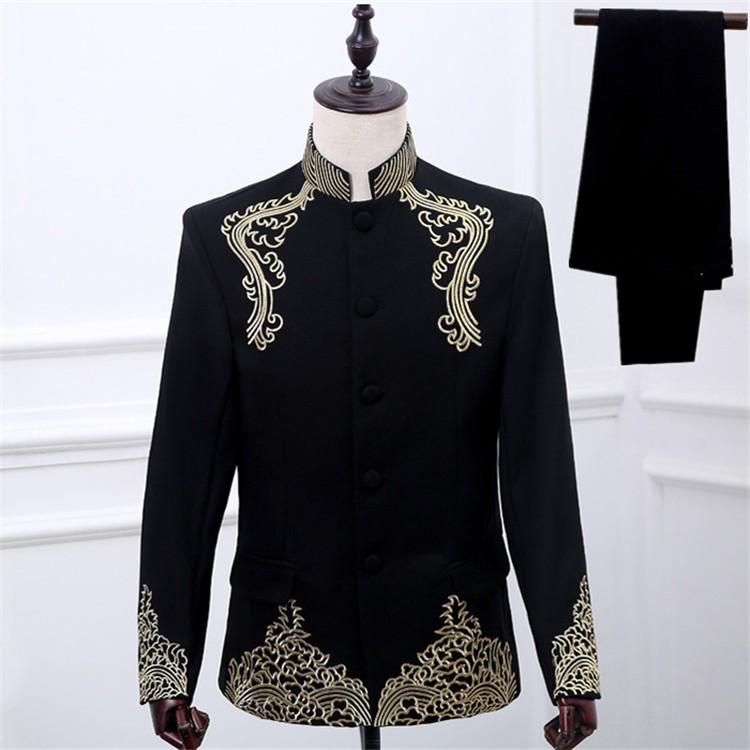 【送料無料】マオカラースーツ 大人用  大会 司会者 メンズ 男性用 刺繍  ステージ衣装  2点セット 合唱団 演奏会 発表会 マオカラースーツ 大人用 大会 司会者 メンズ 男性用 刺繍 ステージ