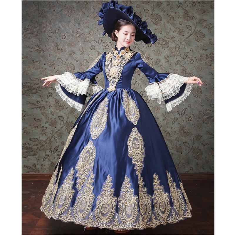 舞台衣装ドレス　コスプレ 貴族 服ドレス コスプレ 劇場 中世貴族風 ネイビー パーティー 学園祭