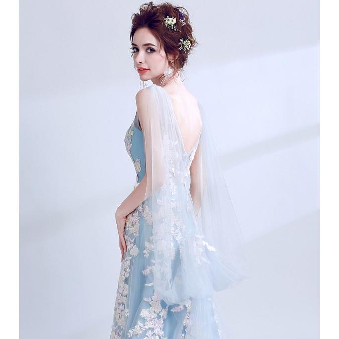 水色 花柄ドレス フィッシュテールパターン パーティードレス 大きい