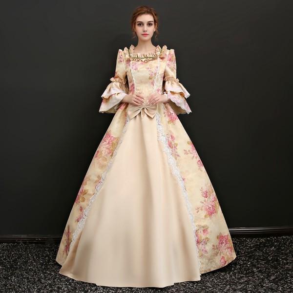 花柄 豪華ロングドレス ステージ衣装としても最適 お姫様ドレス プリンセスライン 貴婦人 貴族 服 プリンセスラインお姫様ドレス