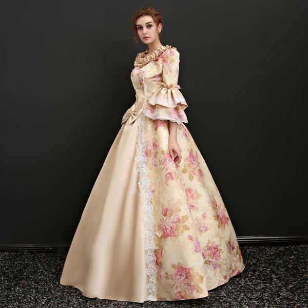 花柄 豪華ロングドレス ステージ衣装としても最適 お姫様ドレス プリンセスライン 貴婦人 貴族 服 プリンセスラインお姫様ドレス_1