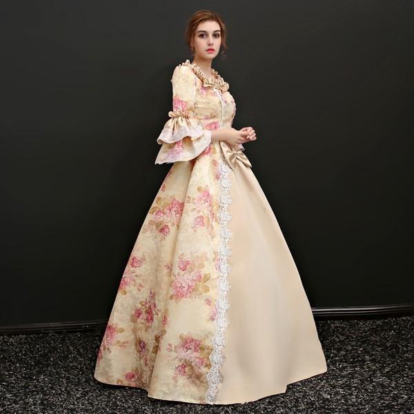 花柄 豪華ロングドレス ステージ衣装としても最適 お姫様ドレス プリンセスライン 貴婦人 貴族 服 プリンセスラインお姫様ドレス_2