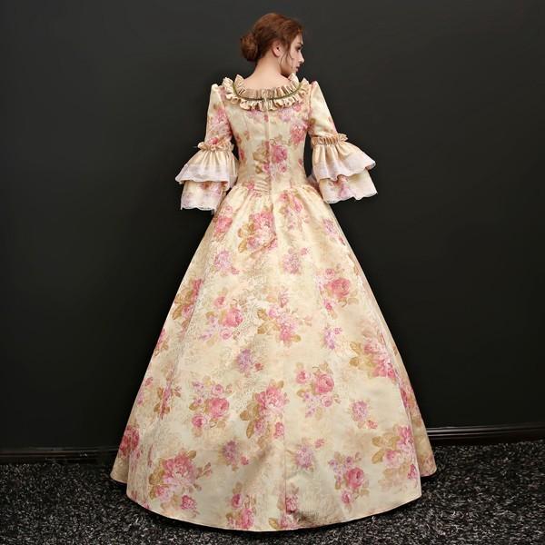 花柄 豪華ロングドレス ステージ衣装としても最適 お姫様ドレス プリンセスライン 貴婦人 貴族 服 プリンセスラインお姫様ドレス_3