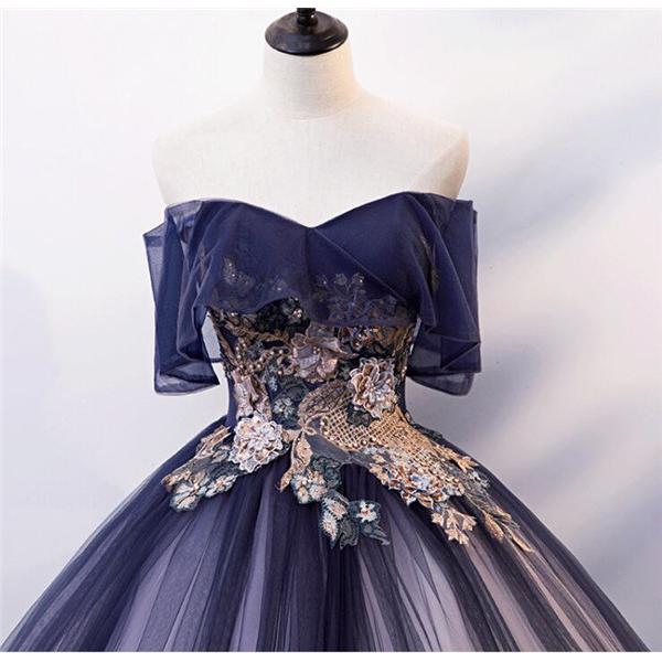 カラードレス ビスチェ ドレス 紺色 グラデーション オフショルダー パーティードレス  Aライン パニエ付き 結婚式 サイズ指定ok |  | 03