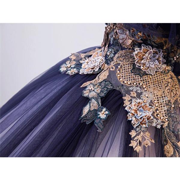 カラードレス ビスチェ ドレス 紺色 グラデーション オフショルダー パーティードレス  Aライン パニエ付き 結婚式 サイズ指定ok |  | 04