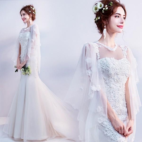 テーリング花嫁 ブライダルドレス ウェディングドレス ロングドレス 花嫁 上品 結婚式 お呼ばれカジュアル 白 レース 豪華 ベアトップ