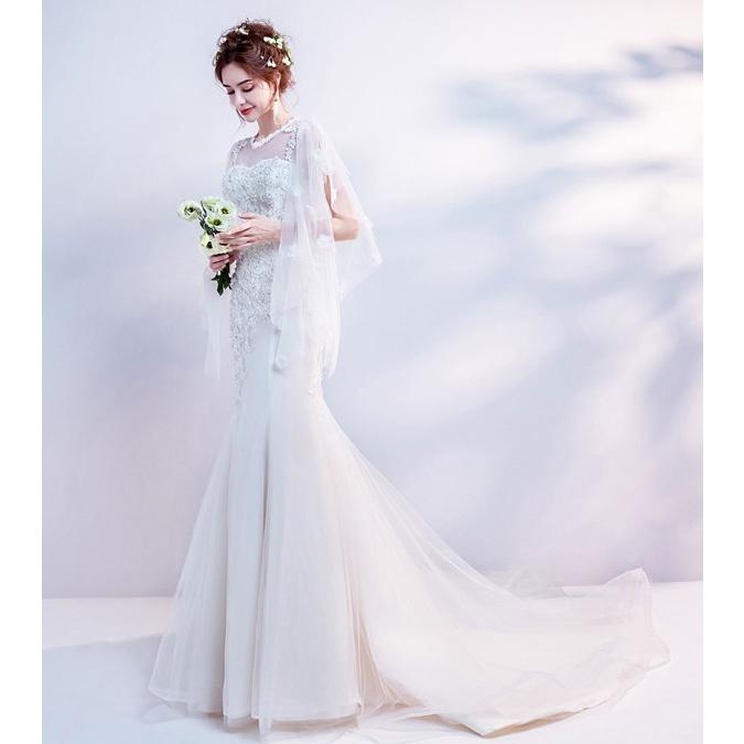 テーリング花嫁 ブライダルドレス ウェディングドレス ロングドレス 花嫁 上品 結婚式 お呼ばれカジュアル 白 レース 豪華 ベアトップ_1