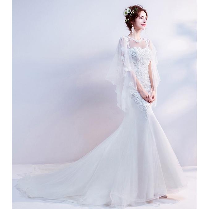 テーリング花嫁 ブライダルドレス ウェディングドレス ロングドレス 花嫁 上品 結婚式 お呼ばれカジュアル 白 レース 豪華 ベアトップ_4