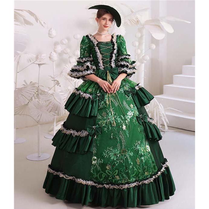 華麗な 宮廷ドレス レディース ロングドレス 緑 ロココ 貴族ドレス 18