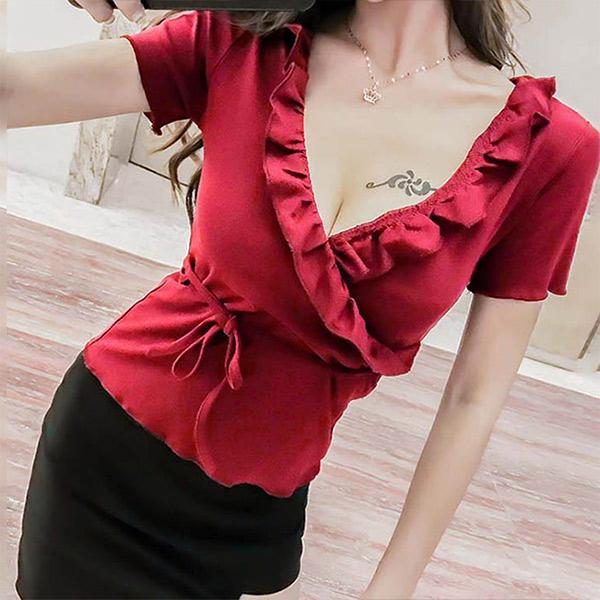 胸元セクシートップス Vネック 夏レディース半袖Tシャツ シンプル