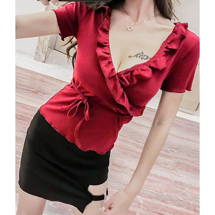 胸元セクシートップス Vネック 夏レディース半袖Tシャツ