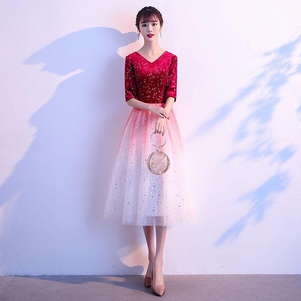 レディース ロングドレス 演奏会 半袖 5分袖 キラキラ グラデーション