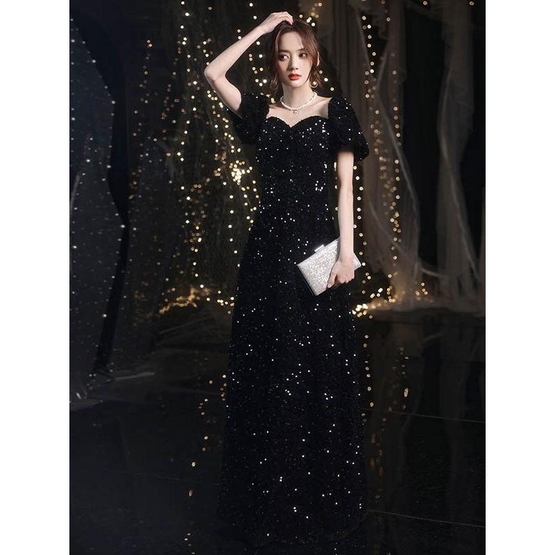 スパンコールオフショルダーイブニングドレス ✧ ブラックロング丈 スパンコールオフショルダーイブニングドレス ✧ ブラックロング丈