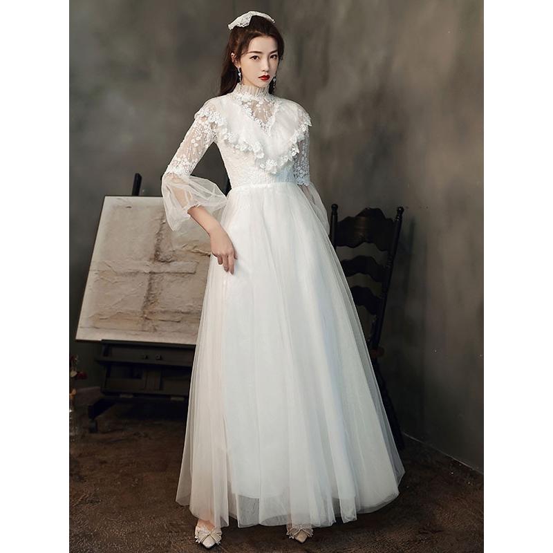 グレー シースルー袖 ロングドレス パーティードレス 結婚式 お呼ばれドレス 袖あり ロング 長袖