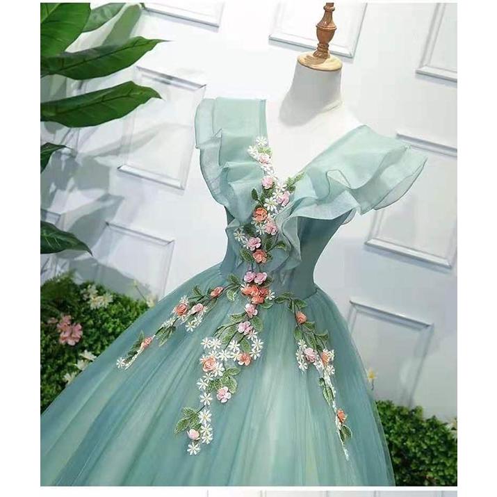 ロングドレス カラードレス プリンセスドレス 編み上げ 背中開き パーティードレス 刺繍 Vネック 結婚式 発表会 演奏会 プリンセスライン