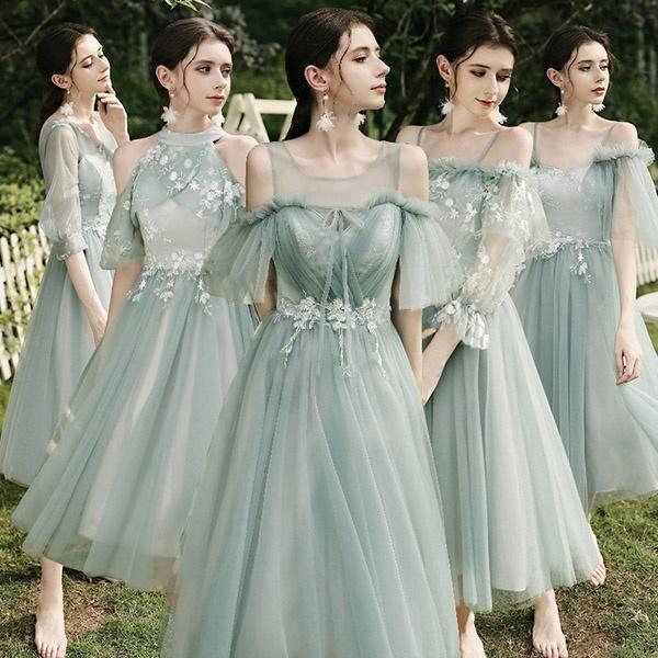 【S~3XL】ブライズメイド ドレス ミモレ丈 二次会 5タイプ 半締め上げ 半ファスナー 肩出し 結婚式 袖付き オフショルダー 成人式 ピアノ 発表会 演奏会 | 