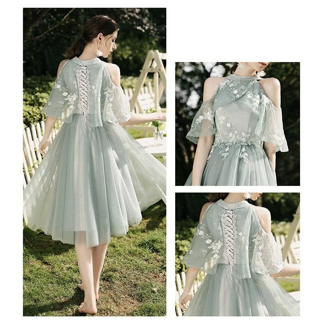 【S~3XL】ブライズメイド ドレス ミモレ丈 二次会 5タイプ 半締め上げ 半ファスナー 肩出し 結婚式 袖付き オフショルダー 成人式 ピアノ 発表会 演奏会 |  | 09