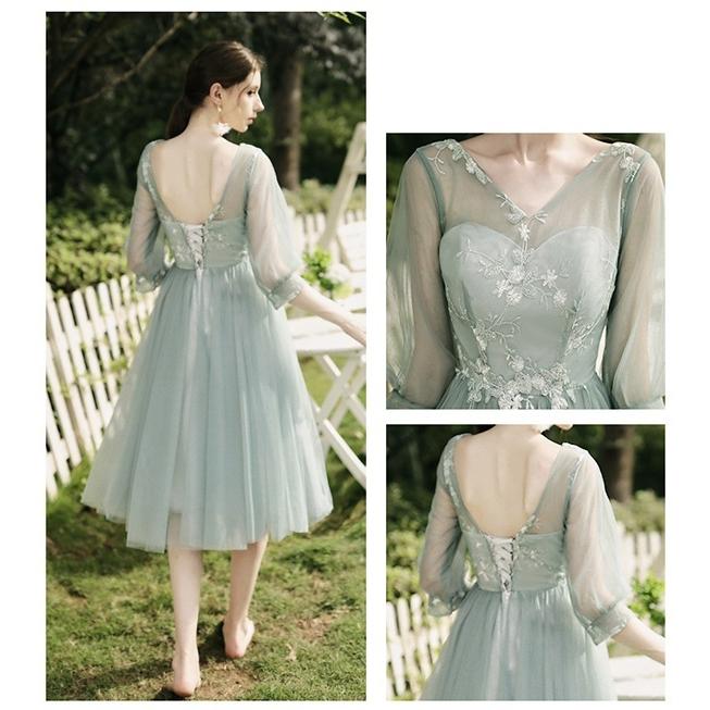 【S~3XL】ブライズメイド ドレス ミモレ丈 二次会 5タイプ 半締め上げ 半ファスナー 肩出し 結婚式 袖付き オフショルダー 成人式 ピアノ 発表会 演奏会 |  | 17