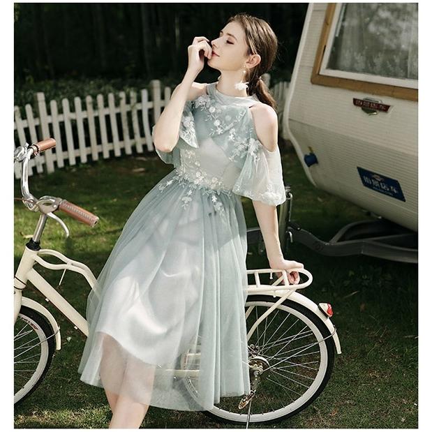 【S~3XL】ブライズメイド ドレス ミモレ丈 二次会 5タイプ 半締め上げ 半ファスナー 肩出し 結婚式 袖付き オフショルダー 成人式 ピアノ 発表会 演奏会 |  | 07