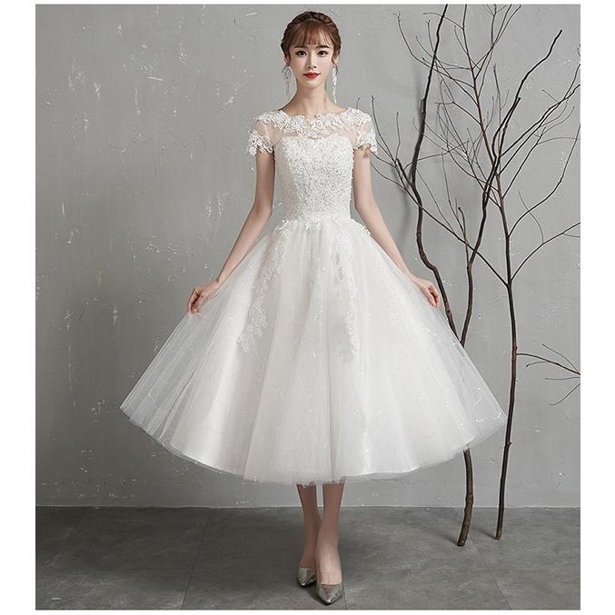 ウェディングドレス　シンプル　Aライン　レース　半袖　ラウンドネック ウエディングドレス Aライン 結婚式 ミモレ丈 袖あり ラウンド