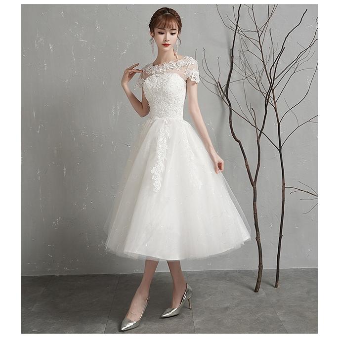 ウエディングドレス Aライン 結婚式 ミモレ丈 袖あり ラウンドネック