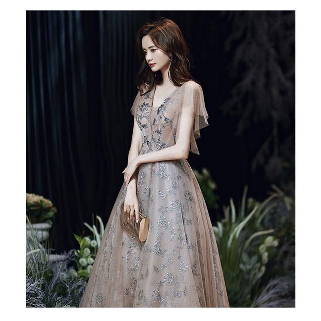 パーティードレス ロング Vネック 透け感 演奏会 編み上げタイプ 成人