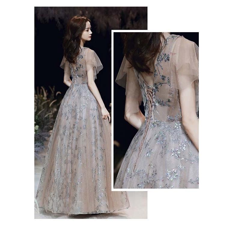 パーティードレス ロング Vネック 透け感 演奏会 編み上げタイプ 成人