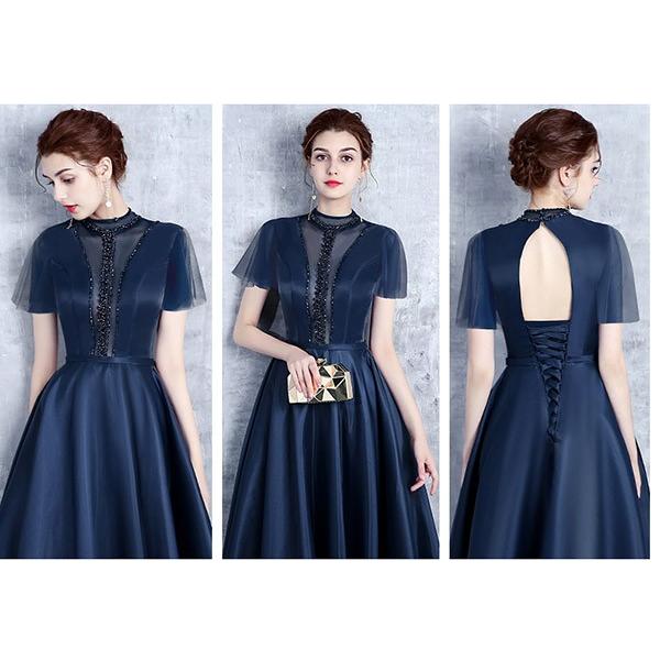 パーティードレス ロング丈 演奏会 ハイネック 透け感 半袖 ドレス