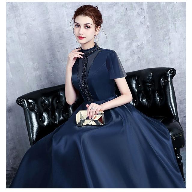 パーティードレス ロング丈 演奏会 ハイネック 透け感 半袖 ドレス 大人 ピアノ 発表会 成人式 同窓会 Aライン ステージドレス 編み上げタイプ パーティードレス ロング丈 演奏会 ハイネック 透け感 半袖 ドレス