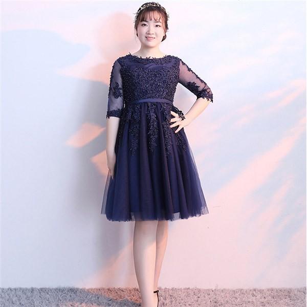 ブライズメイド ドレス ミモレ丈 二次会 ネイビー ブラック 大きいサイズ 結婚式 体型カバー 半袖 フリル オフショルダー