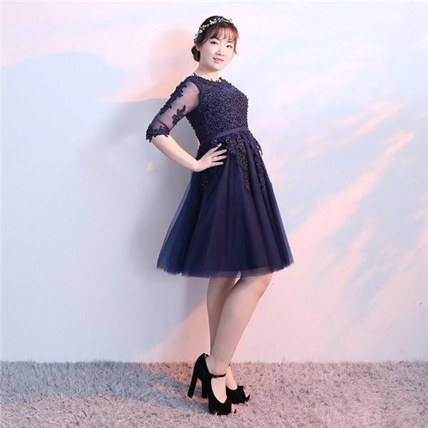 ブライズメイド ドレス ミモレ丈 二次会 ネイビー ブラック 大きいサイズ 結婚式 体型カバー 半袖 フリル オフショルダー_1
