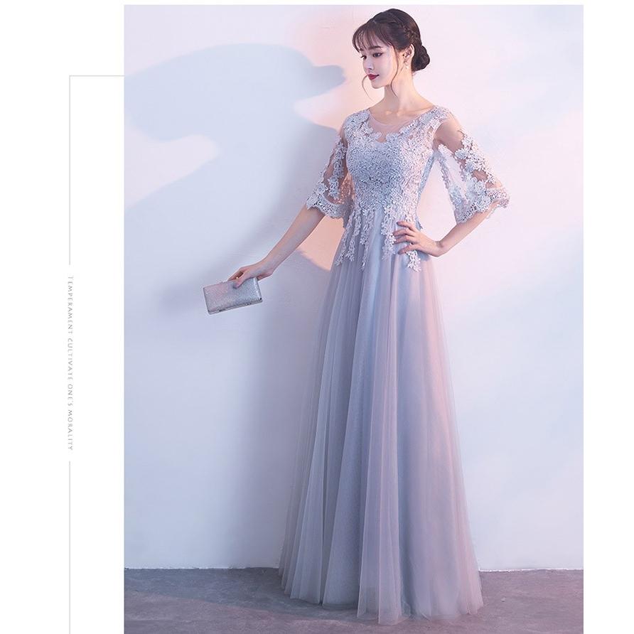 4カラー　6サイズ ロングドレス パーティー グレー 演奏会用ドレス ロングドレス 演奏会 袖付き ロングドレス 大きいサイズ 4カラー・6サイズ ロングドレス パーティー 他と被らない グレー 演奏