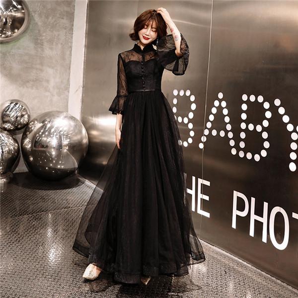 美シルエット 背中空き パーティードレス ロング 演奏会 袖あり ドレス