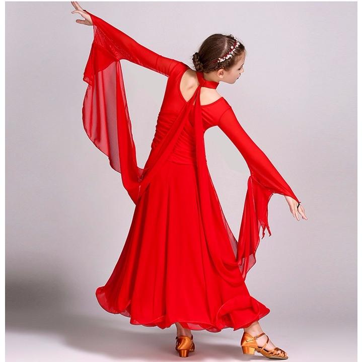 【サイズ有S/M/L/XL/2XL】ジュニア用 スタンダードドレス 社交ダンスドレス ワンピース キッズ用 子供用 社交ダンスワンピース ブラック ホワイト レッド |  | 13