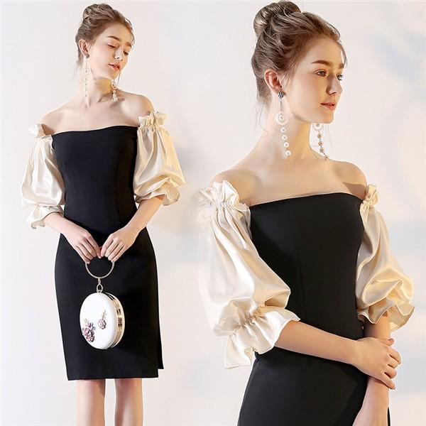 パーティードレス 5分袖ワンピース 結婚式 ふくらはぎ丈ドレス チャイナドレス dress オフショルダー パーティドレス 上品な 黒 誕生日会