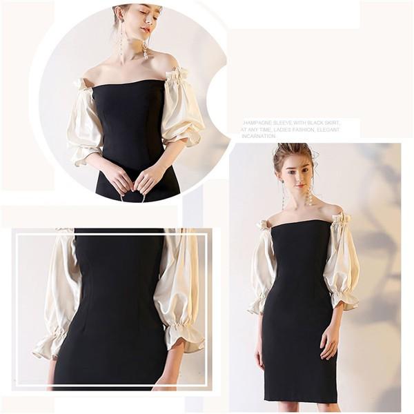 パーティードレス 5分袖ワンピース 結婚式 ふくらはぎ丈ドレス チャイナドレス dress オフショルダー パーティドレス 上品な 黒 誕生日会
