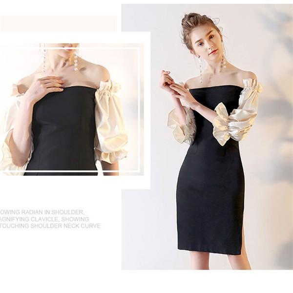 パーティードレス 5分袖ワンピース 結婚式 ふくらはぎ丈ドレス チャイナドレス dress オフショルダー パーティドレス 上品な 黒 誕生日会