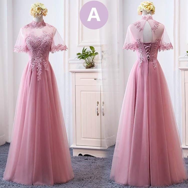 ブライズメイド ドレス ピンク ロングドレス 演奏会 袖付き 結婚