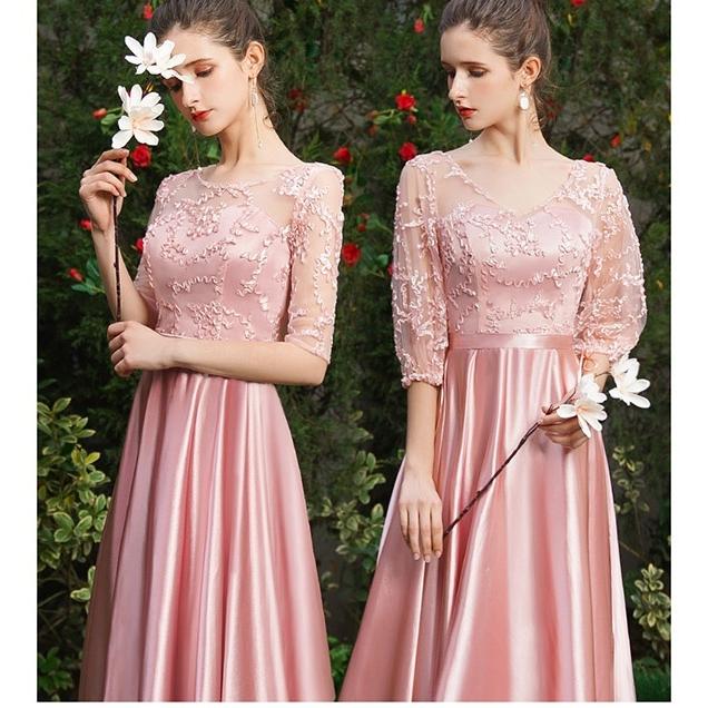 ブライズメイド ドレス ピンク ロングドレス 結婚式 袖付き