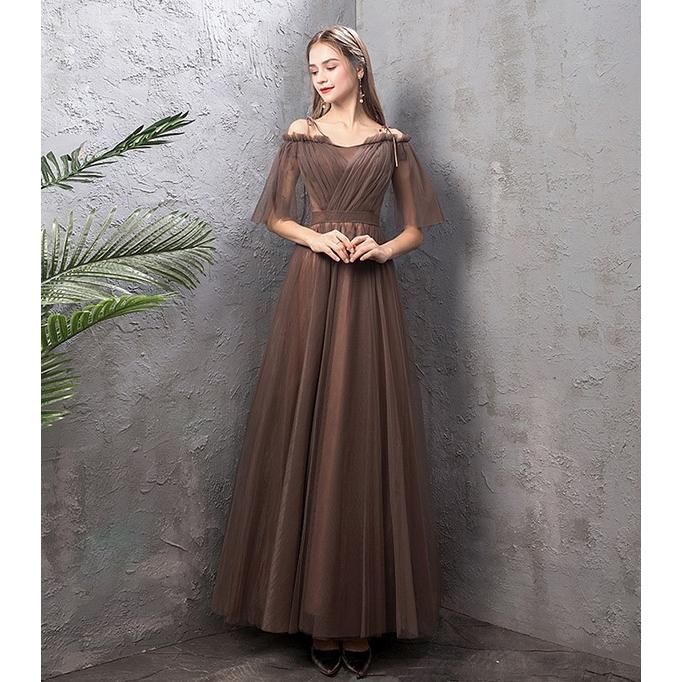 ブライズメイド ドレス ロング ブラウン お呼ばれドレス パーティードレス 結婚式ワンピース 大人 ピアノ 発表会 袖付き 締め上げタイプ Da649s1 フルグレース 通販 Yahoo ショッピング