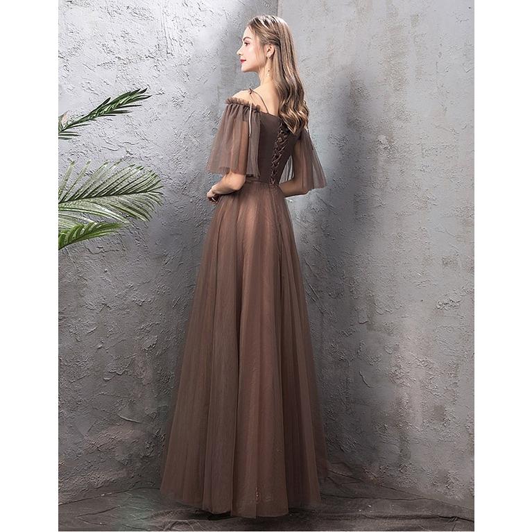 ブライズメイド ドレス ロング ブラウン お呼ばれドレス パーティードレス 結婚式ワンピース 大人 ピアノ 発表会 袖付き 締め上げタイプ Da649s1 フルグレース 通販 Yahoo ショッピング